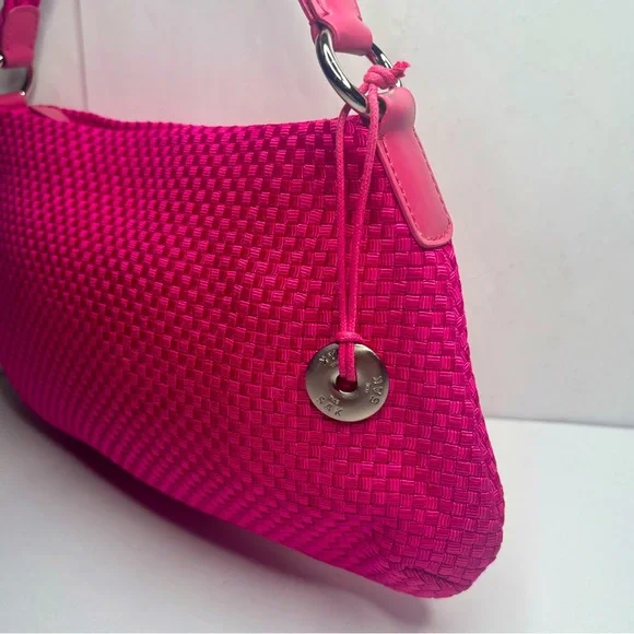 The Sak Woven Pink Fuchsia Cotton Silver Charm Zip Shoulder Bag NWOT - Picture 6 of 13